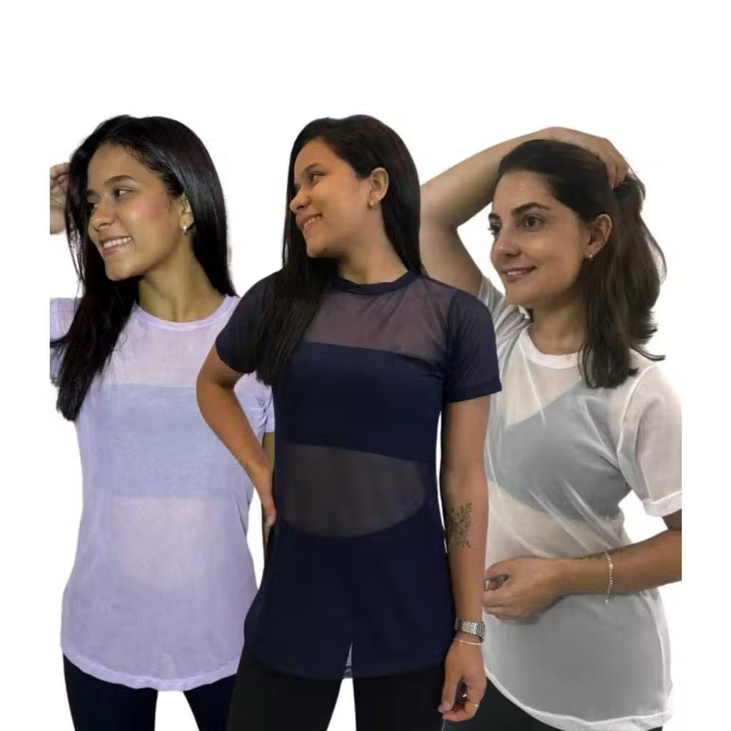 ￼Kit 3 Blusas Feminina de Tule academia fitness transparente