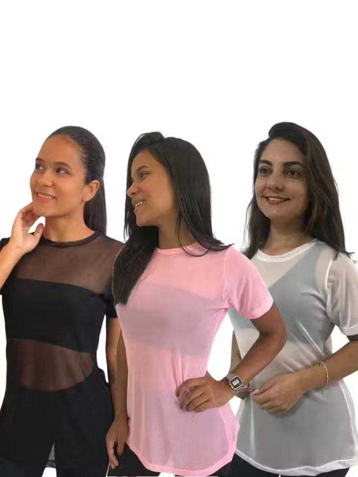￼Kit 3 Blusas Feminina de Tule academia fitness transparente