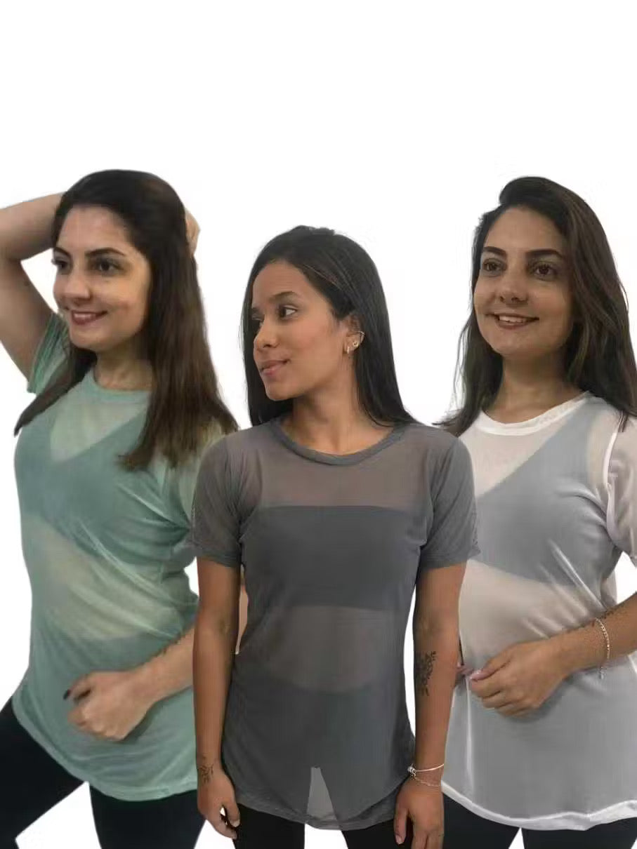 ￼Kit 3 Blusas Feminina de Tule academia fitness transparente