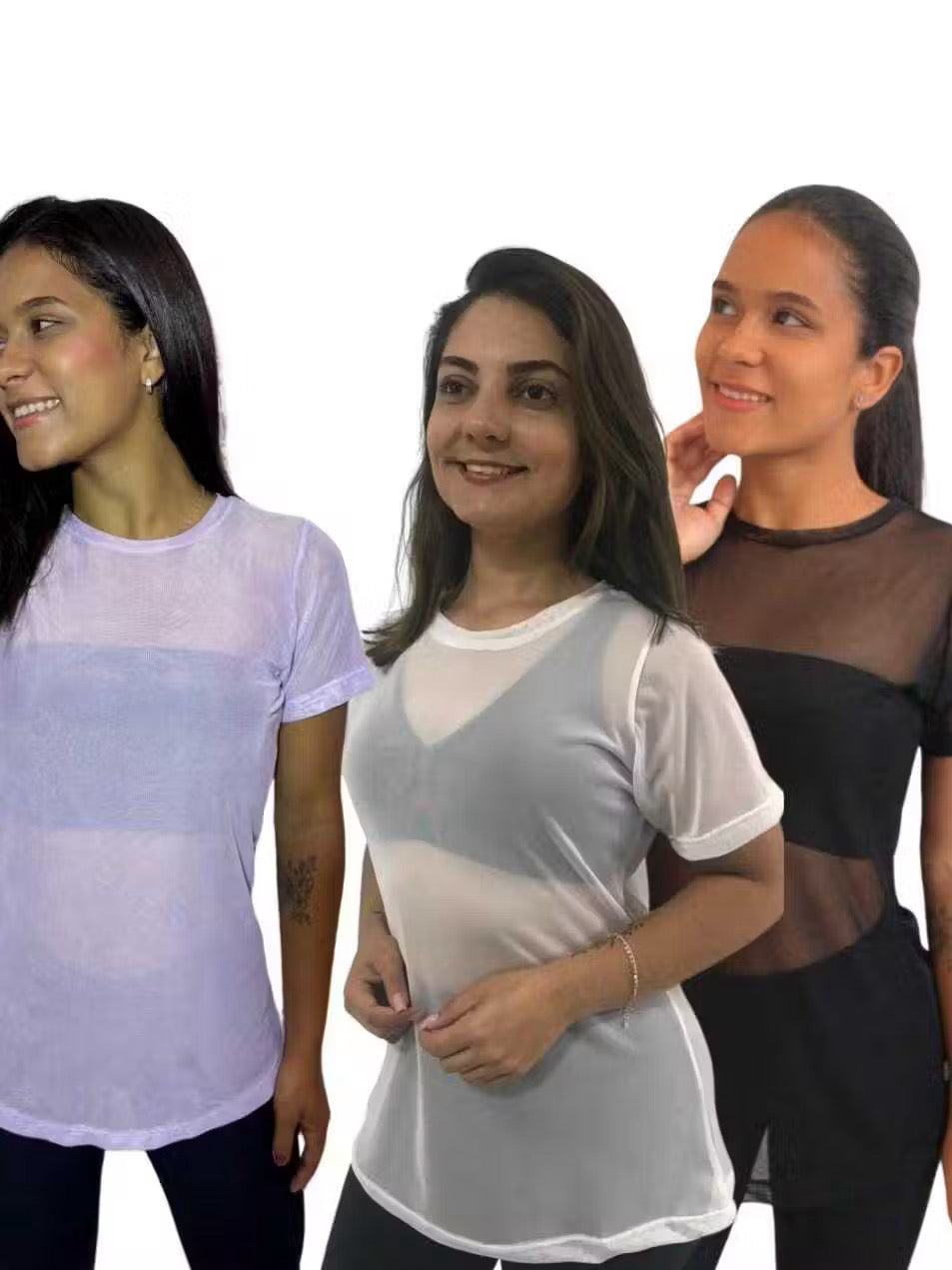 ￼Kit 3 Blusas Feminina de Tule academia fitness transparente