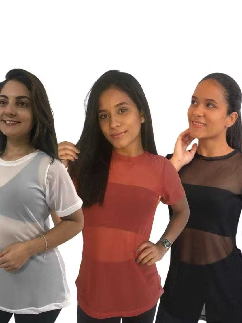 ￼Kit 3 Blusas Feminina de Tule academia fitness transparente
