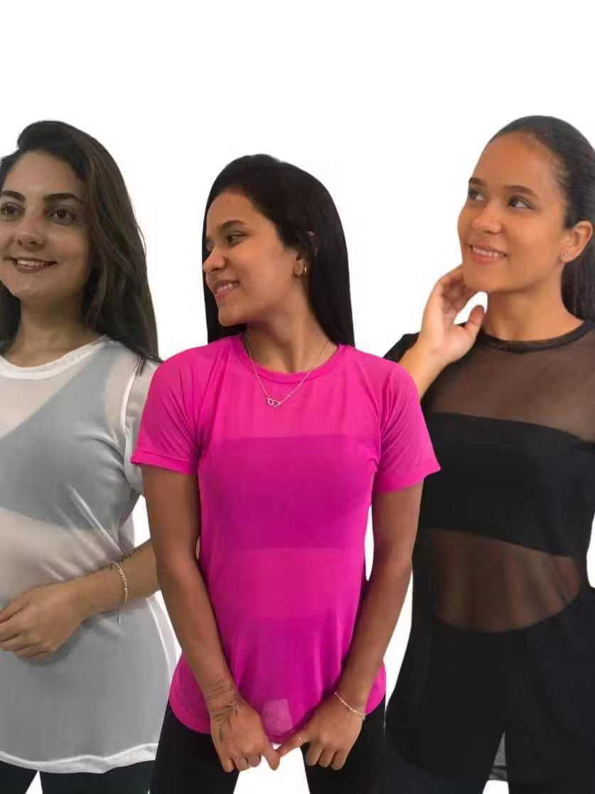 ￼Kit 3 Blusas Feminina de Tule academia fitness transparente