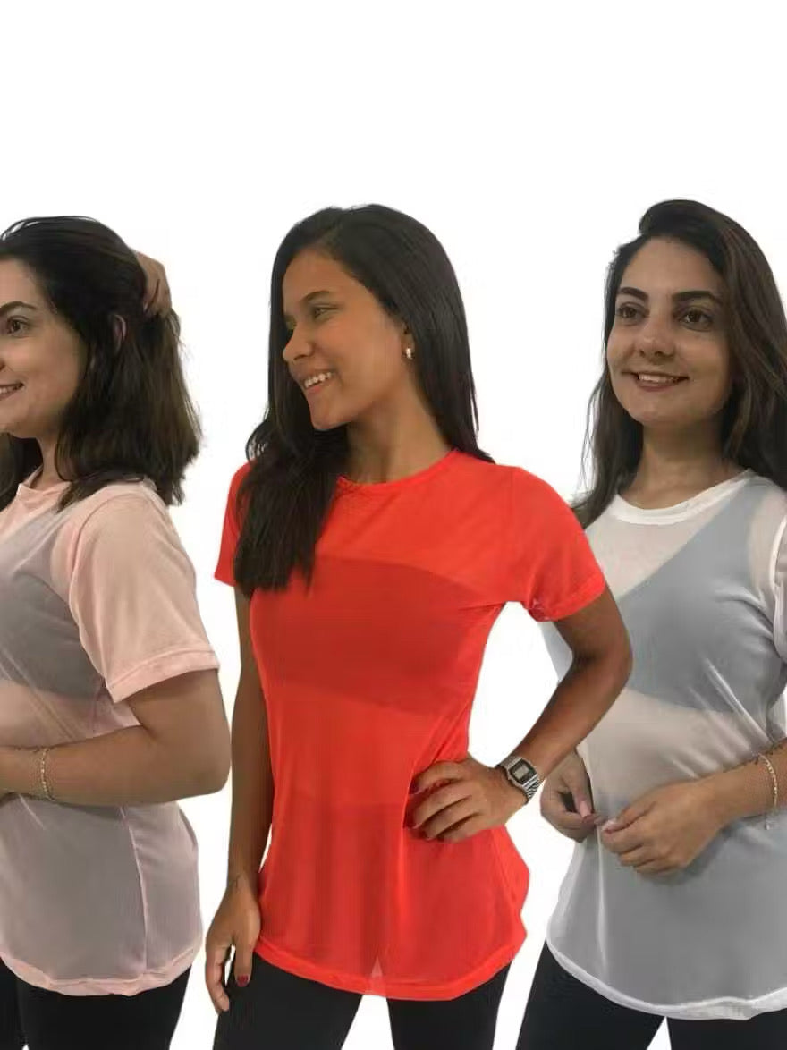 ￼Kit 3 Blusas Feminina de Tule academia fitness transparente